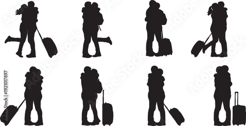 Black Solid Airport Luggage Couple Hugs Set of Six on White Background