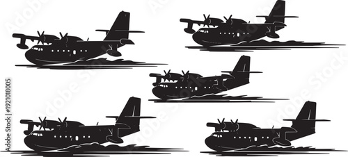 Black Solid Amphibious Aircraft Taxiing on Water Silhouettes Set of Six on White Background