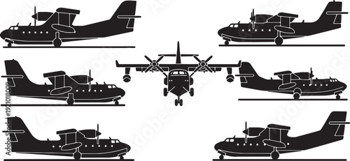 Black Solid Amphibious Aircraft on Land Silhouettes Set of Six on White Background