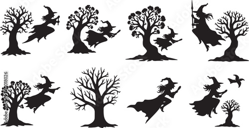 Black Solid Ancient Trees Flight Witch Silhouettes Set of Six on White Background