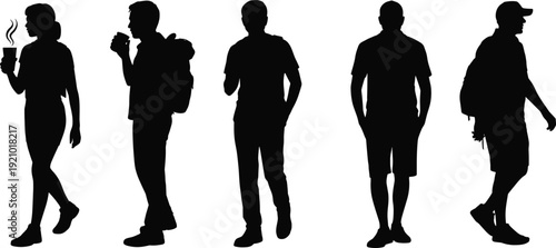 People walking silhouettes collection with men and woman holding coffee and backpacks isolated on white background vector illustration