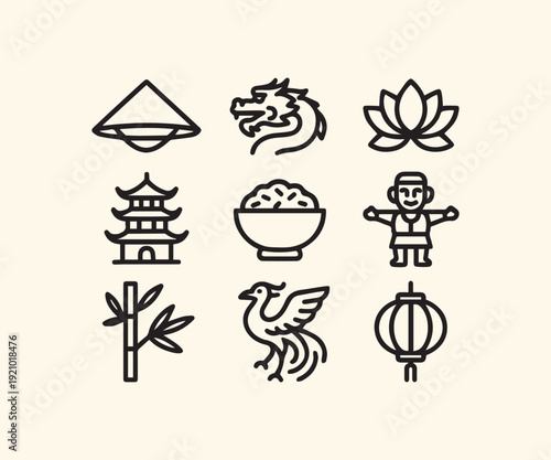 Elegant Vietnamese Culture Symbols Black Line Icon Set for Design