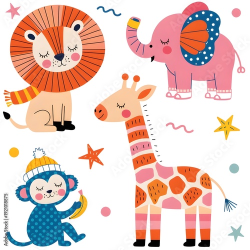 Cute Cartoon Safari Animals Nursery Illustration With Lion, Elephant, Giraffe And Monkey For Kids