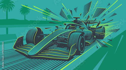 High-speed futuristic race car disintegrating in a high-tech digital arena Vector