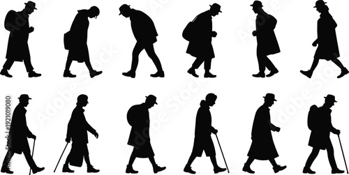 Walking men silhouettes collection with backpack, hat and cane isolated on white background black vector illustration set