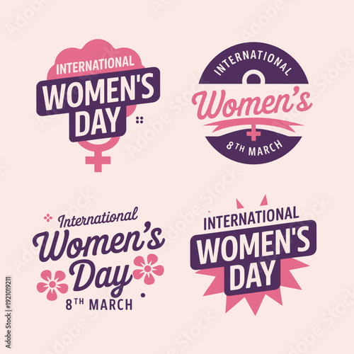 Four distinct badges or labels each celebrating International Women's Day with different and colors