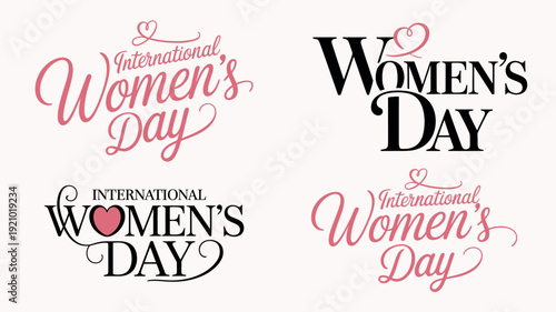 Four typographic for International Women's Day with heart symbols and cursive text
