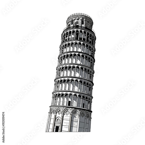 Stunning black and white illustration of Pisa Tower in Italy