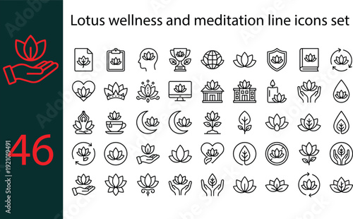 Lotus wellness and meditation line icons set, yoga spa mindfulness natural harmony vector illustration collection