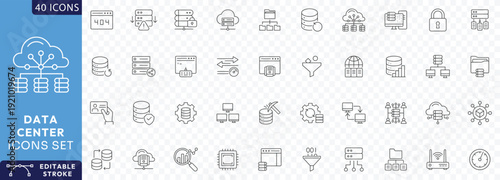 Data Center editable icon set. Containing server, hosting, cloud computing, security, internet, computer, data processing, Etc. Fully Editable. Vector illustration.
