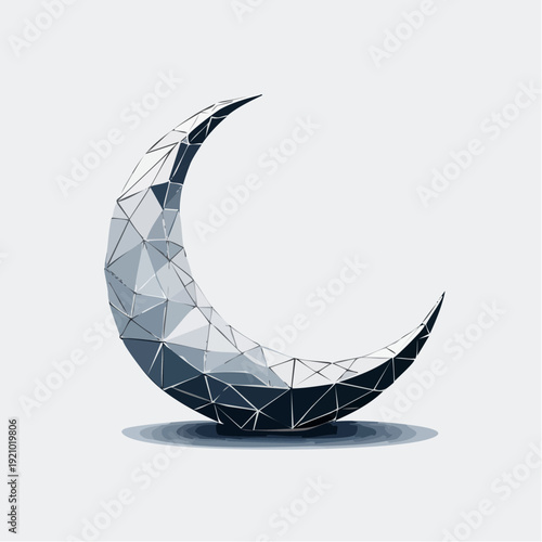Low-poly crescent moon shape with a mosaic pattern in shades of blue and gray, set against a clean white background with subtle shadowing.