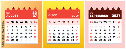 August july september 2027 Monthly Planner Design. July minimalist time organizer layout. Editable vector illustration with weekend highlight