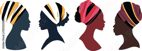 Beautiful African American Women Silhouette Profiles Wearing Colorful Traditional Headwraps Turban Vector Illustration Set Isolated on White Background for Fashion Design