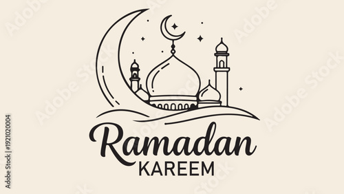 Ramadan Kareem text with a crescent moon and mosque illustration.