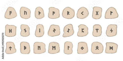 Set of hand drawn viking runes Rune stones with ancient norse alphabet characters engraved on them Scandinavian futhark germanic celtic Single element for design, print, web, decor