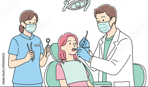 Dentist and dental assistant treating patient in clinic chair, oral healthcare and hygiene concept illustrating professional dental examination and modern dentistry care isolated on light background