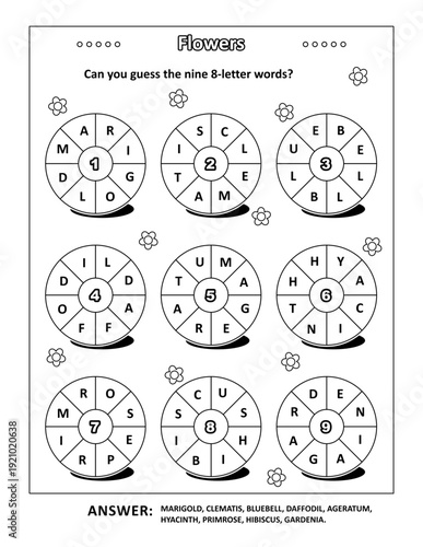 Sping or summer word puzzle (English language) with flower names written around: Can you guess the nine 8-letter words? Black and white. Answer included.
