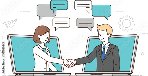 Online business handshake through laptops, remote collaboration and digital communication concept showing partnership agreement, virtual meeting success and teamwork connection isolated