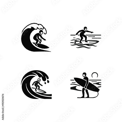 Surfing and wave sport icon set, ocean water activity concept, bold silhouette style