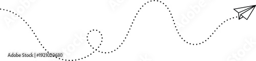 Paper airplane dotted flight path illustration showing curved journey route, travel direction concept, navigation trail design, minimal line art isolated on light background
