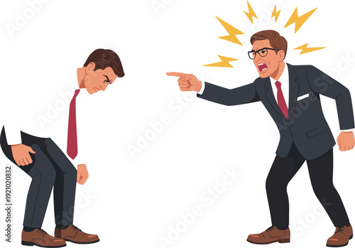 Angry Boss Yelling at Employee, Workplace Conflict and Office Harassment Concept, Businessman Shouting at Sad Worker Vector Illustration
