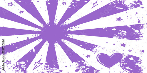 Abstract grunge floral background with purple stars and pink vector flowers features a retro swirl pattern and light rays for a decorative celebration wallpaper design