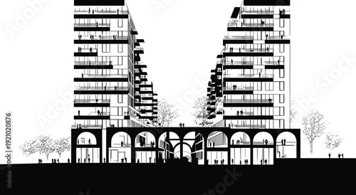 Black and white architectural elevation sketch of modern brutalist apartment buildings with arched ground floor and minimalist silhouettes of urban people