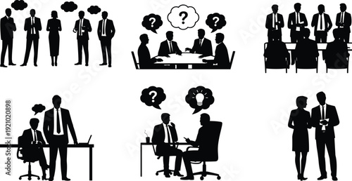 Business People Silhouettes Set, Corporate Meeting, Team Discussion and Office Collaboration Black Vector Illustration Collection
