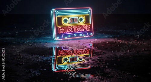 Retro Rewind: Neon Mixtape Casette Glowing in a Dark Reflective Surface