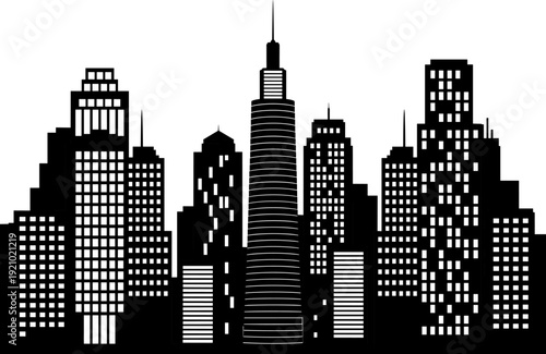 Black and white city skyline silhouette with modern skyscrapers urban cityscape buildings and architectural towers isolated on a white background