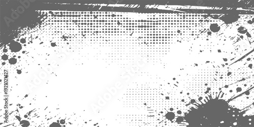 An abstract black ink splatter grunge background featuring vintage paint textures and a vector frame design with an artistic splash border and empty space for text
