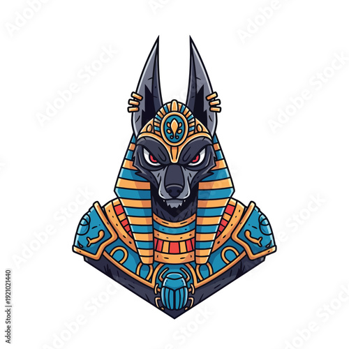 Fierce Anubis Egyptian God Head Illustration with Pharaonic Crown and Scarab