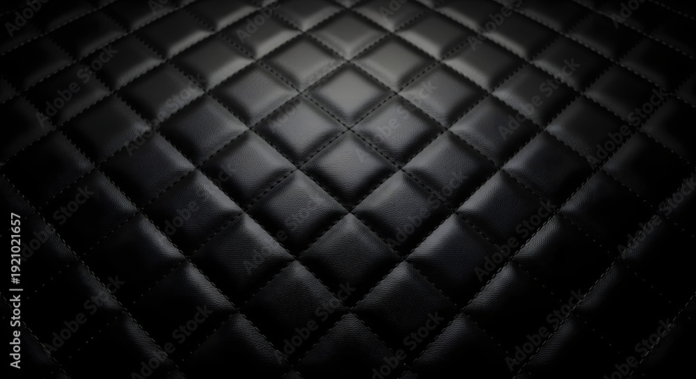 Fototapeta premium Black quilted leather texture background with luxury upholstery pattern, premium padded material surface, elegant fashion backdrop with realistic soft leather detail and studio lighting