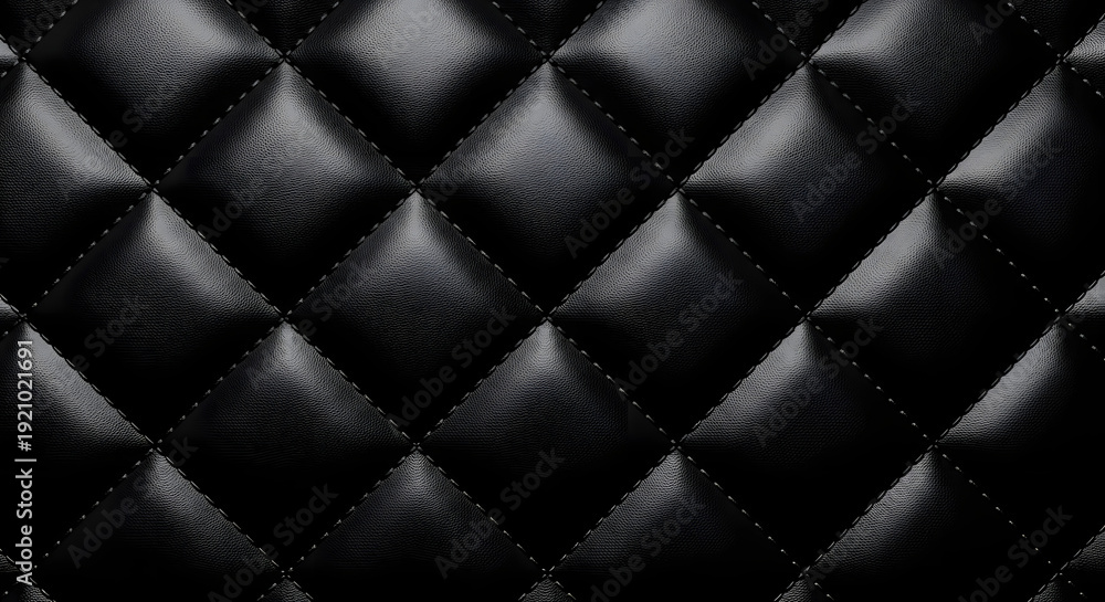 Fototapeta premium Black quilted leather texture background with luxury upholstery pattern, premium padded material surface, elegant fashion backdrop with realistic soft leather detail and studio lighting