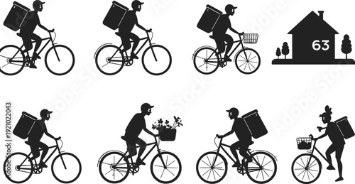 Flat vector illustration of bicycle delivery service, courier rider, eco-friendly transport, package and flower delivery, urban logistics artwork