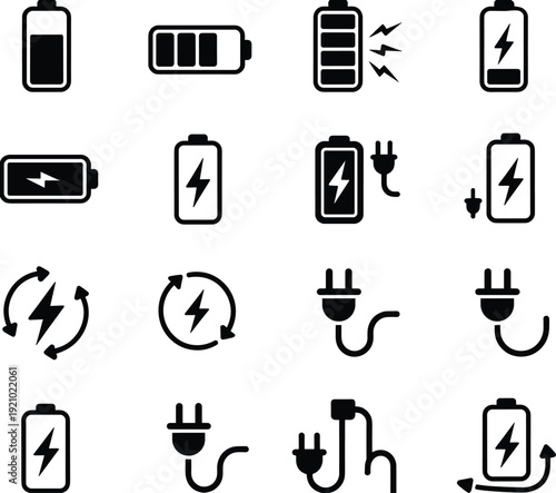 Black Battery and Power Plug Icon Set for Charging Status, Electrical Energy Symbols, Sustainable Renewable Resource and Electronic Device Interface Elements