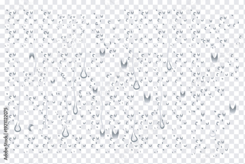 Realistic transparent water droplets, drops, and water drops on a wet, clear window surface with crystal clarity, fresh liquid texture, and bubbles.