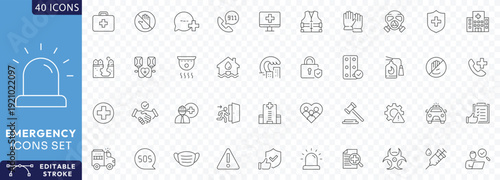 Emergency outline icon set. Containing Evacuation, SOS emergency call, ambulance, help, emergency hotline, exit, Etc. Fully Editable. Vector illustration.