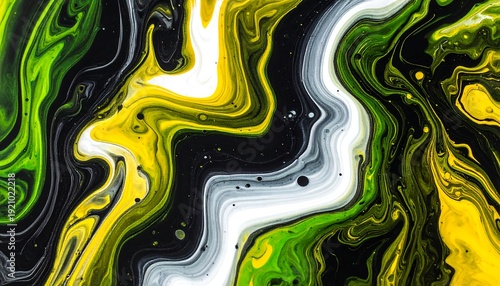 Abstract paint swirl of green, yellow, white and black, a fluid marble effect. Great for background or texture