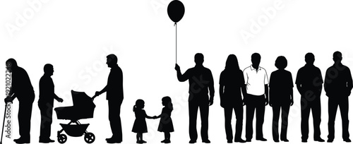 Silhouette Vector of Diverse People and Families, Collection of Seniors with Canes, Parents with Strollers, and Children with Balloons,
