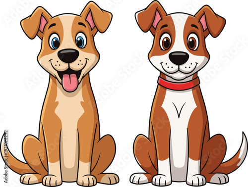 Flat vector illustration of cartoon dogs, playful style, friendly pets, animated characters, light brown and dark brown fur artwork