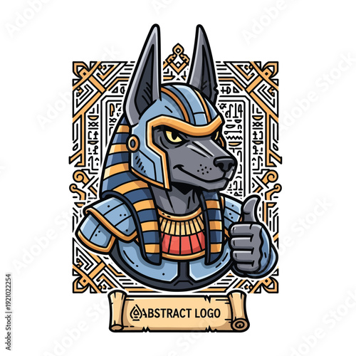 Anubis Mascot Thumbs Up Vector. Modern Cartoon Egyptian God Design with Hieroglyphic Background. Ancient Mythology Approval Concept.