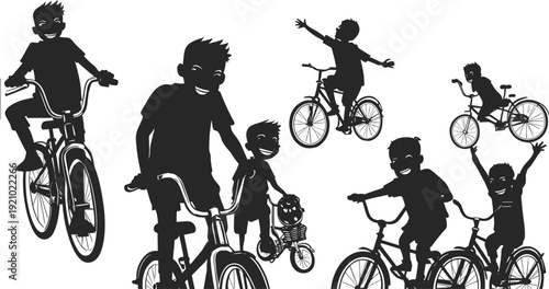 Flat vector illustration of children riding bicycles, playful outdoor activity, dynamic motion poses, childhood fun, freedom adventure artwork