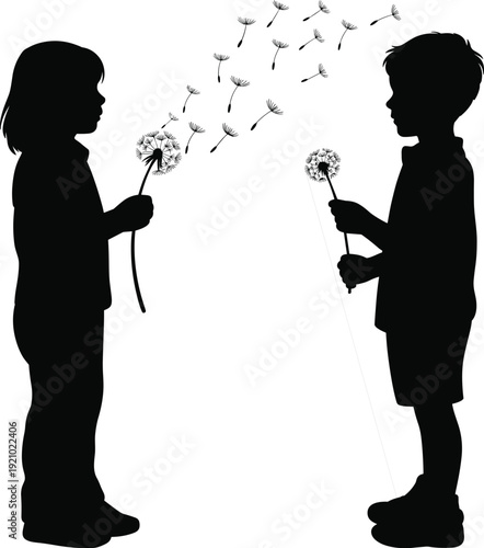 Flat vector illustration of children silhouettes, blowing dandelions, seeds dispersing, playful nature scene, innocence childhood outdoor artwork