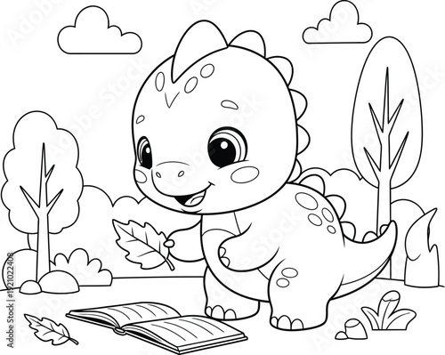 a charming cartoon illustration depicts a delightful baby dinosaur reading a book under trees with clouds above high quality professional detailed