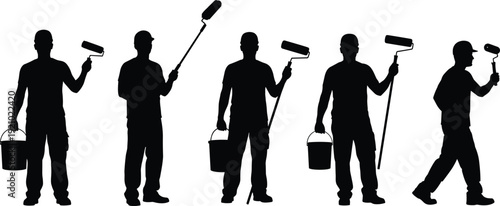Silhouette Vector of Professional Painters and Decorators Holding Paint Rollers and Buckets, Workers Ready for Home Renovation and Wall Improvement,