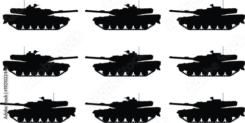 Tank silhouettes illustration, military vehicle cannon turret profile design, vector artwork, defense and education theme, isolated background