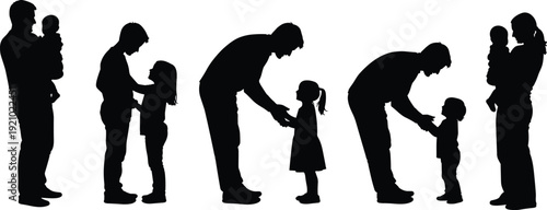 Black family silhouettes set featuring parents holding babies and interacting with young children in various loving poses isolated on white background