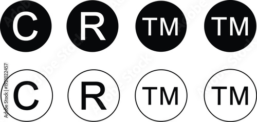 Flat vector illustration of copyright, registered trademark, and trademark symbols in black and white circles, legal intellectual property design elements