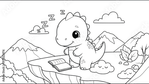 a charming illustration depicts a baby dinosaur peacefully sleeping on a cloud reading a book near mountains and plants high quality